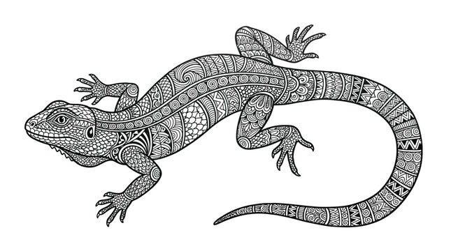 Intricate black and white ink drawing of a lizard featuring complex geometric patterns and artistic details