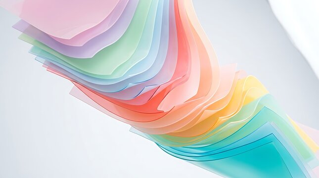 Abstract composition of overlapping translucent colorful plastic sheets creating a soft gradient wave on white background