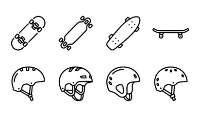 Minimal skateboard and safety helmet line art vector set with sports gear icons in black and white isolated on white background © Md Humaun
