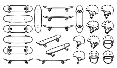 Black and white skateboard and helmets vector illustration set with various safety gear and skateboarding equipment isolated on white background © Md Humaun