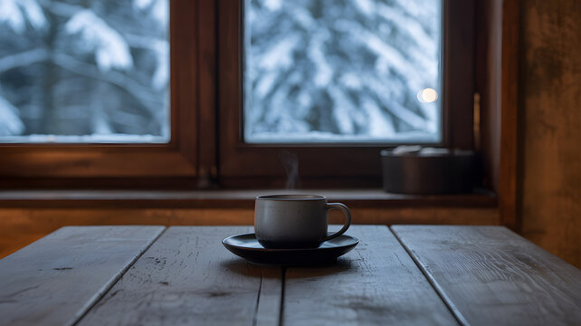 A steaming cup of coffee sits on a rustic wooden table by a snowy window