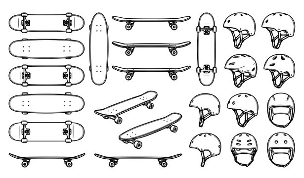 Black and white skateboard and helmets vector illustration set with various safety gear and skateboarding equipment isolated on white background