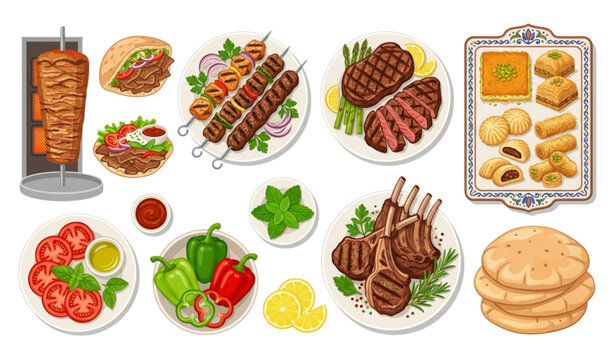 Arabic halal food collection with kebab steak and pita vector isolated on white background
