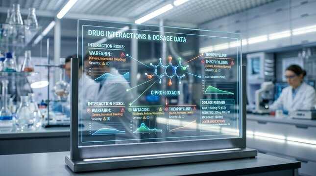 Transparent digital screen shows drug interaction and dosage data in a laboratory. Concept healthcare, pharmacy, research, AI, safety, biotech, education, software, and medical marketing. Generative