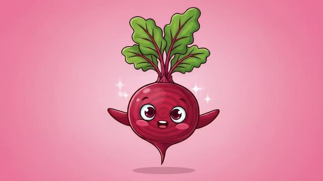 Cartoon beet with leaves and arms on a pink radial background with star accents