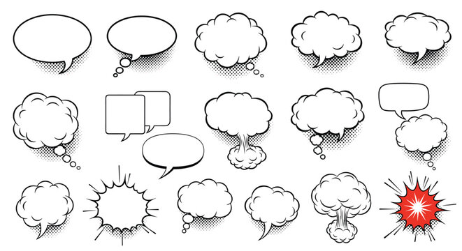 Set of eighteen comic book style speech bubbles with halftone patterns and dramatic explosion effects for storytelling.