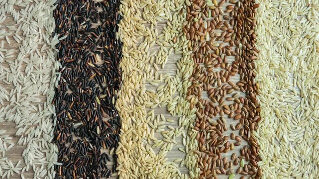 Stop motion animation of diverse rice varieties filling vertical rows on wooden table surface top view.