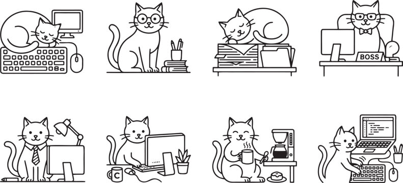 Professional office cat working at computer desk and business task collection