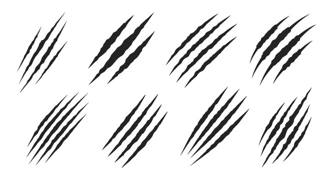 Collection of eight black scratch mark icons showing three or four parallel claw lines on a plain white background.