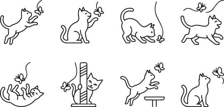 Playful cat characters chasing and jumping after butterflies