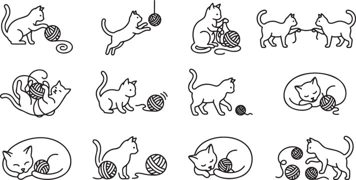 Adorable kittens playing with balls of yarn and wool thread