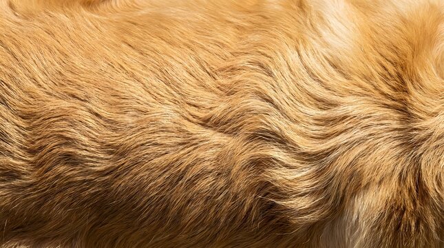 Close-up macro shot of the thick, luxurious, and golden fur of a dog, highlighting the intricate texture and natural wave patterns