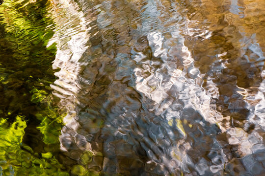 Abstract rippling water surface reflects sunlight and forest foliage, providing a natural background texture for wellness and tourism in Trentino, Friuli Venezia Giulia, Italy.
