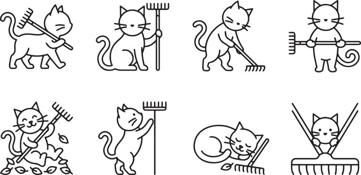 Whimsical gardening cats holding and using rakes for outdoor yard work
