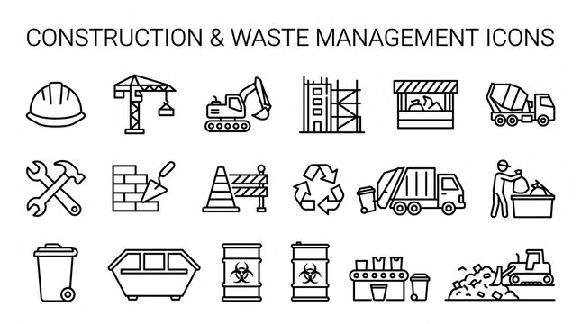 construction waste management recycling excavation demolition landfill hazardous waste heavy machinery scaffolding roadwork safety gear cement mixer dumpster trash can compactor