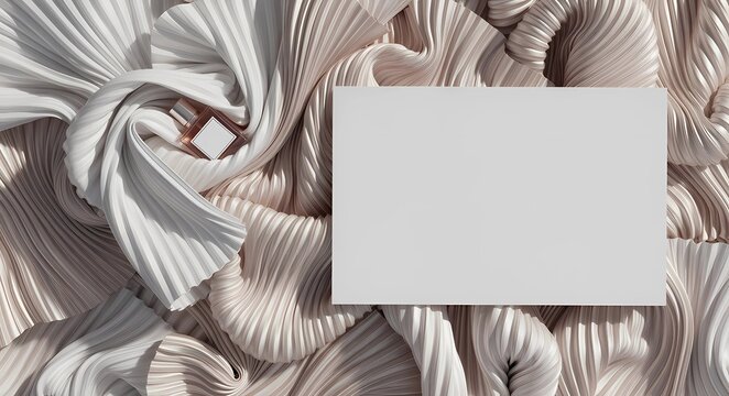 Luxury flat lay with pleated silk fabric perfume bottle and blank invitation card mockup