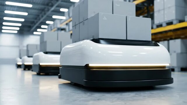 Modern robotic warehouse autonomous logistic robot cart carry pallet package box cargo along aisle. automation industry, innovation distribution, storage, inventory, stock, shipment