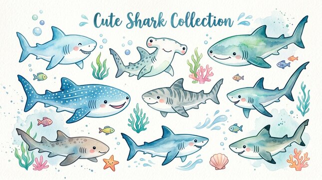 cute shark shark collection cartoon shark ocean animals underwater creatures shark illustrations colorful fish sea life whale shark tiger shark hammerhead shark shark designs