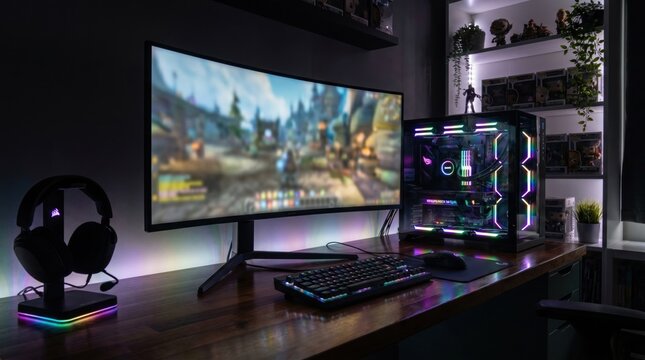 Ultra detailed gaming setup with large widescreen monitor rgb lit gaming pc tower professional gaming headset mechanical keyboard mouse and ambient led lighting creating a futuristic