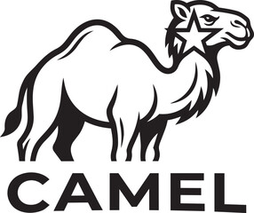 Fototapeta premium Bold camel profile logo with star element and thick black lettering.