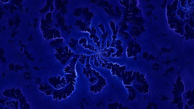 Abstract fractal animation in deep blue, swirling organic pattern background, digital generative art motion loop