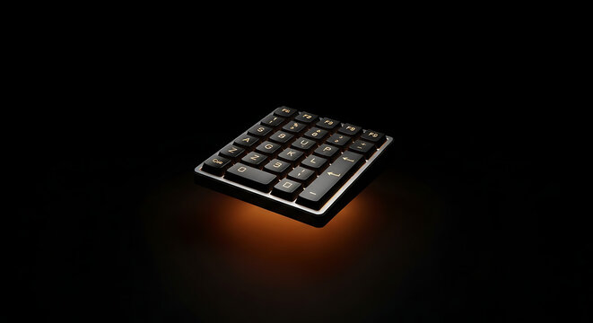 Modern Mechanical Numpad with Warm Glow Backlighting on Dark Background, Floating Tech Concept