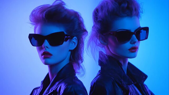 1980s fashion lifestyle, women wearing stylish sunglasses and bold makeup, illuminated by vibrant electric blue neon lights, capturing the retro 80s look.