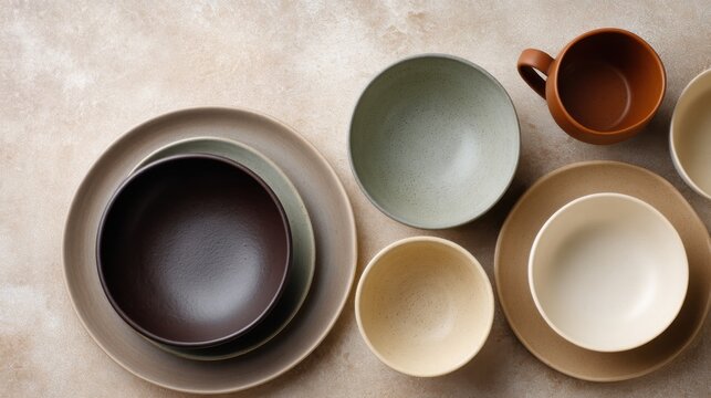 Assorted ceramic plates and bowls in various colors and sizes arranged on a textured surface, including a brown cup and green bowl