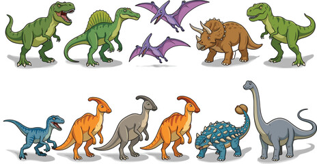 Cartoon Dinosaur Collection Featuring T-Rex, Pterodactyl, Triceratops, and Various Prehistoric Creatures © Sultana