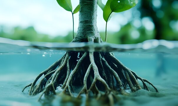 Underwater view of a mangrove tree's complex root system in clear water with mangrove forest prop roots plant life underwater photography mangrove ecosystem root structure water level mangrove