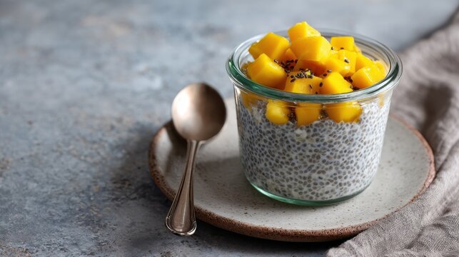 Chia seed pudding topped with fresh mango cubes served in a glass jar on a ceramic plate with a silver spoon and linen napkin on a textured gray background