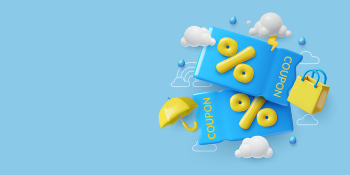 3D coupons with rain drops, clouds, umbrella and shopping bag icons. Blue and yellow monsoon season sale background with copy space. Vector illustration.