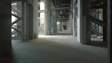 Obraz premium Interior view of a large concrete building under construction, featuring multiple rows of columns forming a long pathway, highlighting ongoing development and architecture infrastructure