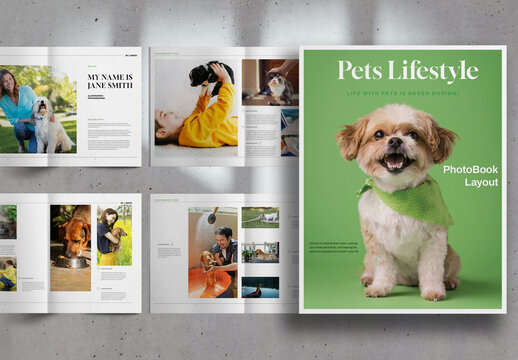 Green and White Cute Pets Lifestyle Photobook Brochure Layout