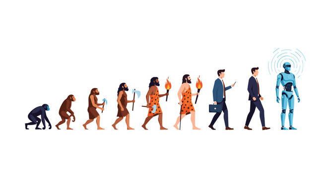 Illustration of the stages of human evolution depicting the transition from early primates and cavemen to modern businessmen and a robot.