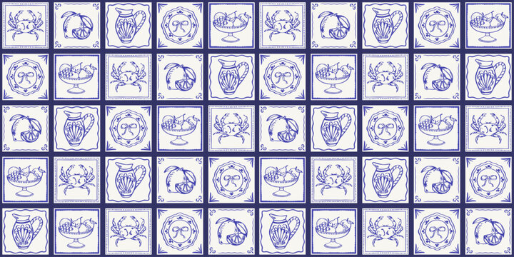 Summer Mediterranean tile pattern with blue and white ceramic squares, nautical motifs, lemons, shells and botanical details, ideal for cards, packaging, fabric, wallpaper, stationery and seasonal bra