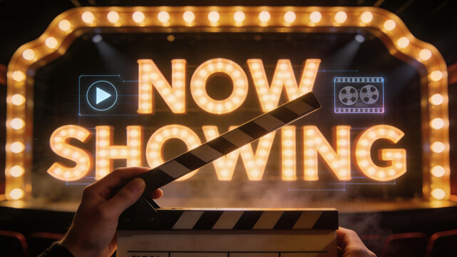 A Person Holds A Film Clapperboard In The Foreground Of Framed Against A Glowing Now Showing Marquee On A Theater Stage