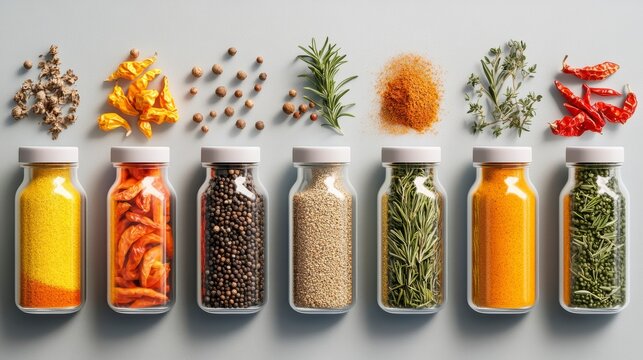 Assorted spices in small glass jars on a gray background.
