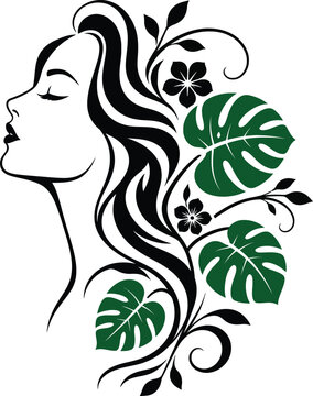 Minimalist beauty woman profile vector, elegant female face with monstera leaves and flowers