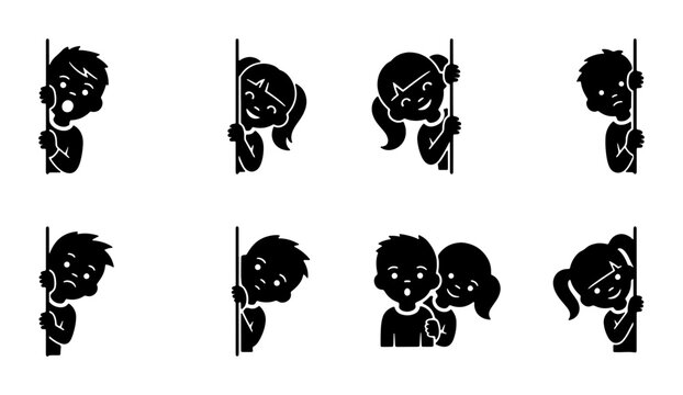 Peeking Children Icons, Curious Kids Silhouette Set, Playful Expressions, Vector Graphics for Surprise and Discovery