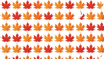 Fototapeta premium Repetitive flat vector pattern of red and orange maple leaves arranged in rows, isolated on a white background.