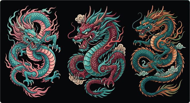 Vibrant Dragon Tattoo Designs Featuring Three Unique Dragons in Traditional Asian Style