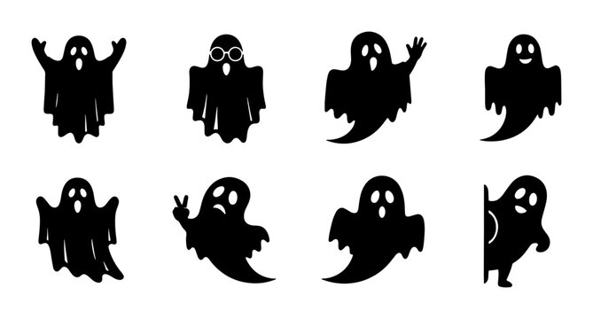 Spooky Ghost Icons Set, Halloween Character Silhouettes, Playful Spirit Emblems, Cute Phantom Graphics, Black and White Vector Art for Festive Design