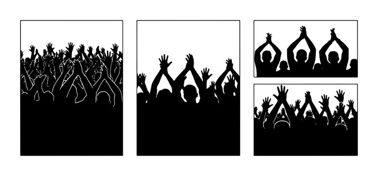 Audience Crowd Silhouettes, Clapping Hands, Cheering Fans, Celebration Vector Set, Event Applause