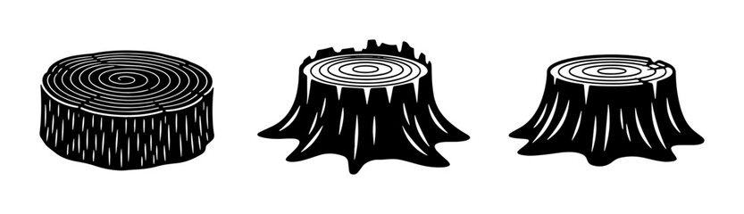 Vector Set of Three Tree Stumps, Forest Remnants, Wood Texture, Nature Elements, Black and White Illustration © Mahia
