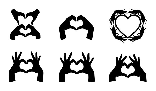 Heart Hands Gestures Collection, Romantic Symbol Icons, Love Expression Silhouettes, Valentine's Day Vector Set