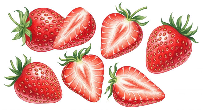 Hand-drawn of whole and sliced red strawberries with green leaves isolated on a solid black background