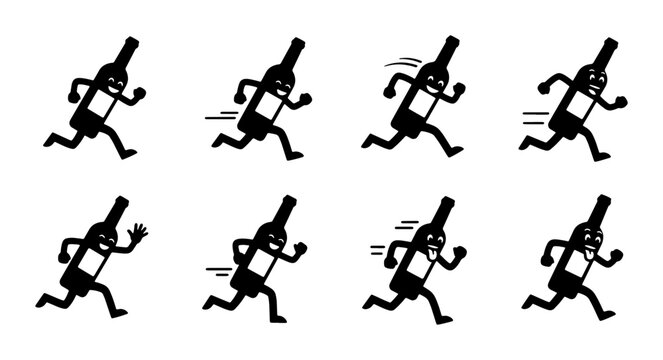 Running Wine Bottle Character Animation Frames, Fun Beverage Motion Graphics, Alcohol Drink Character Sequence, Playful Liquid Motion Elements