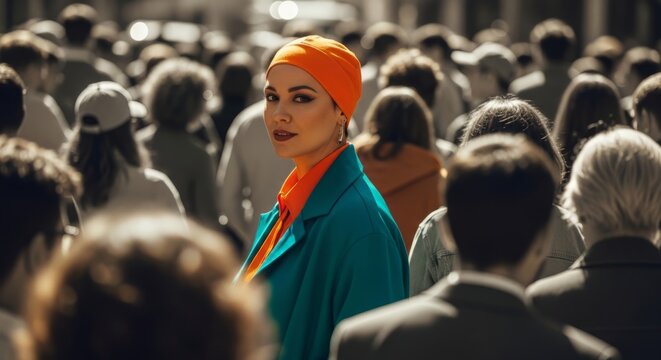 Woman wearing orange beanie and blue coat looking at camera amidst a blurred crowd of people. Iconic portrait of an individual standing out in city life. Concept of unique identity.