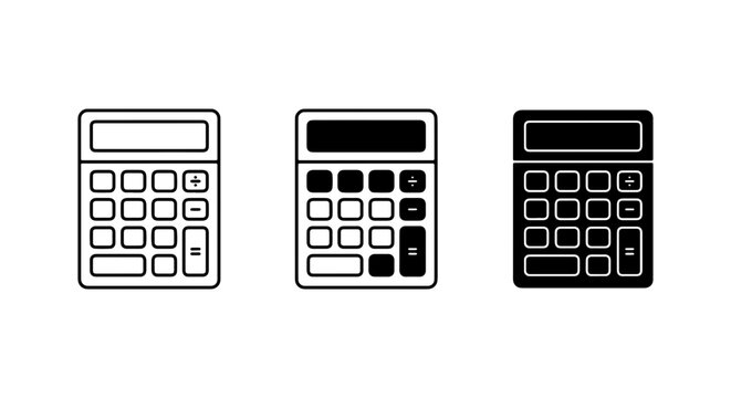 Calculator Icons Set: Simple Math Devices, Digital Counting Tools, Business Finance Symbols, Vector Graphics